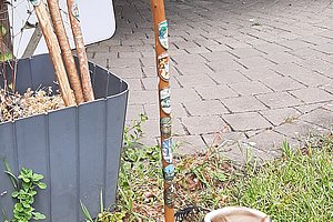 Abgenutzter Spazierstock mit gebogenem Griff lehnt an einem Blumentopf neben zwei Paar Wanderschuhen auf einem gepflasterten Weg im Garten