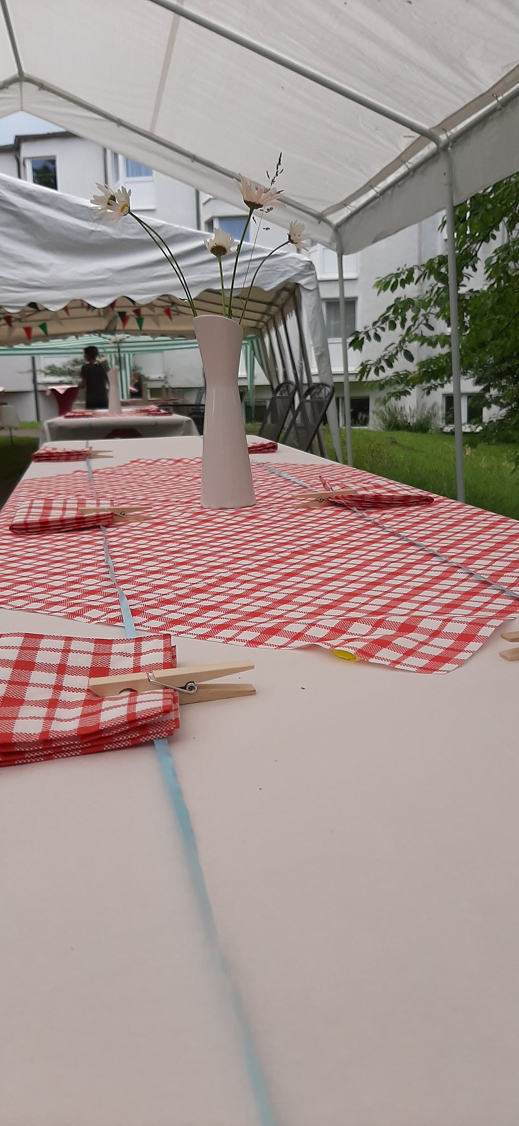 Langer Tisch unter einem weißen Zelt mit rot-weiß karierten Tischdecken und einem weißen Blumenvasenmittelstück im Freien